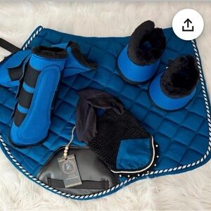 Blue Saddle pad, Fly veil, Brushing Boots and bell boots size full for house